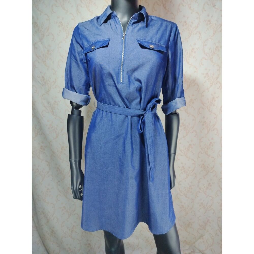 Mlle Gabrielle Lightweight Denim Look Dress Zip Front Tie Waist, Size S